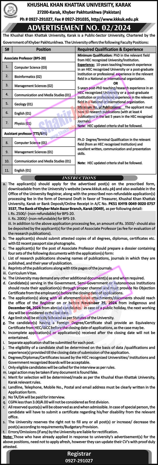 KKKUK Jobs 2024 Khushal Khan Khattak University Karak