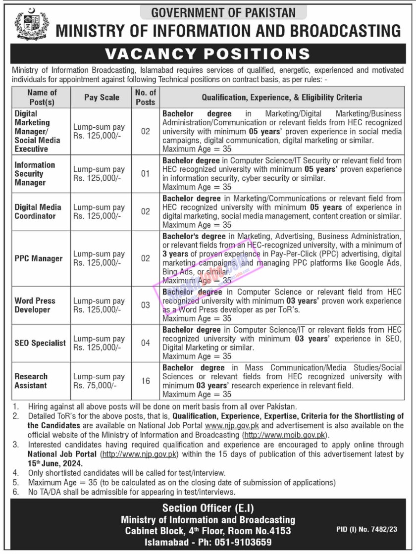 MOIB Jobs 2024 Ministry of Information and Broadcasting Ad 1