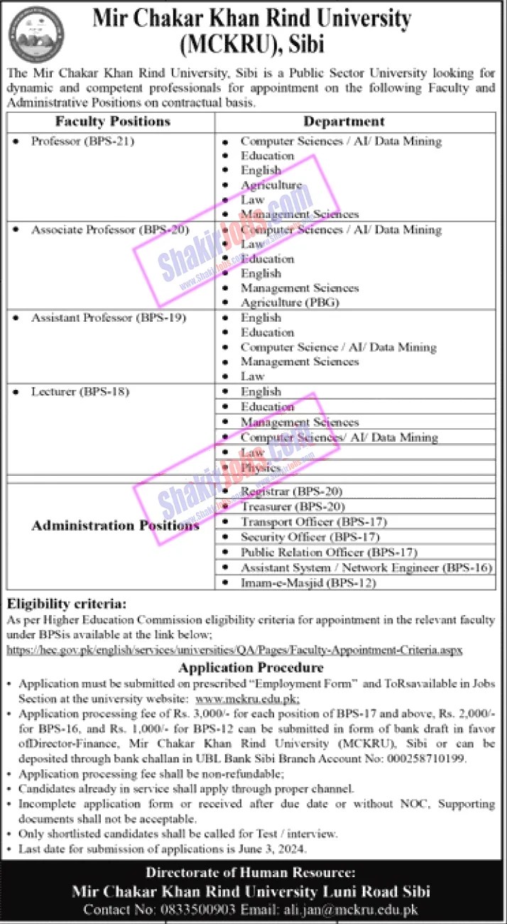 Mckru Jobs 2024 Mir Chakar Khan Rind University