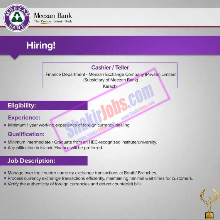 Meezan Bank Cashier Jobs 2024