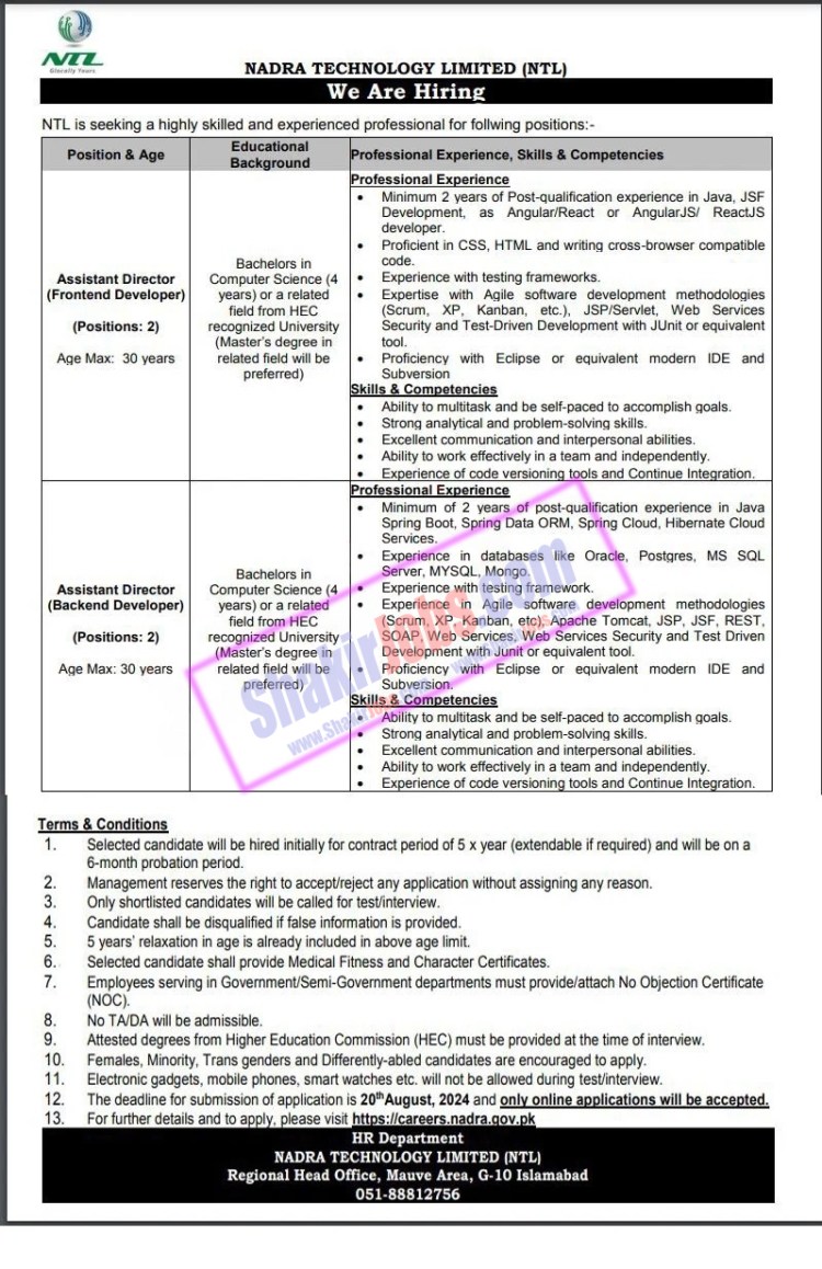 NADRA Technologies NTL Jobs 2024