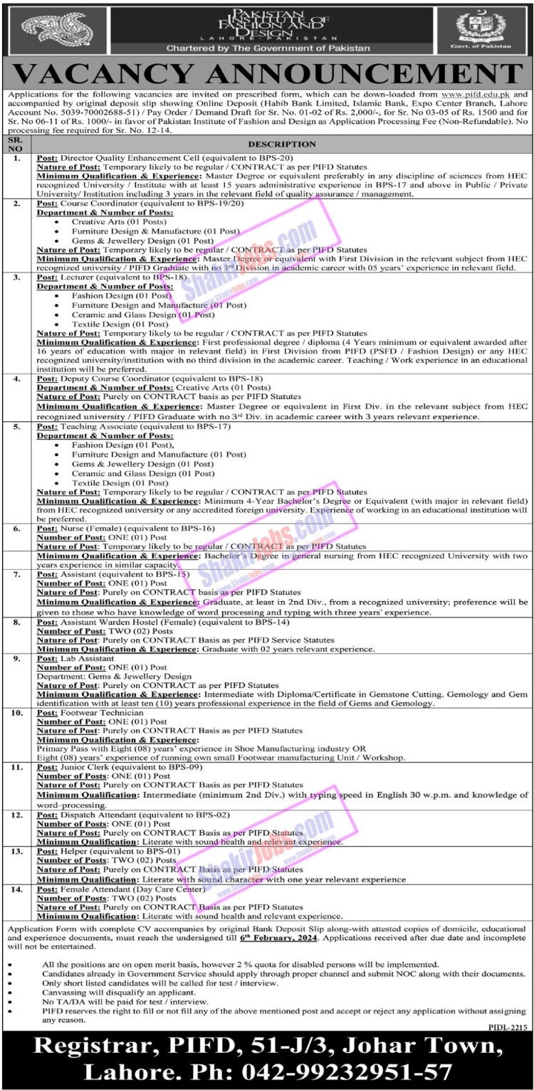 PIFD Jobs 2024 Pakistan Institute of Fashion and Design