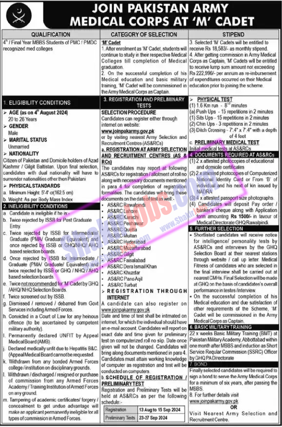 Pak Army Medical Cadet Jobs 2024