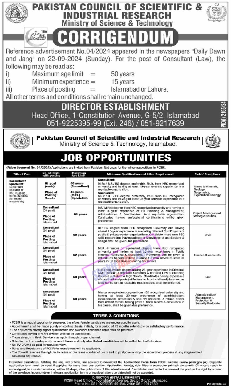 Pakistan Council of Scientific and Industrial Research PCSIR Jobs 2024