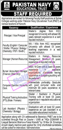 Pakistan Navy Educational Trust PNET Jobs 2024