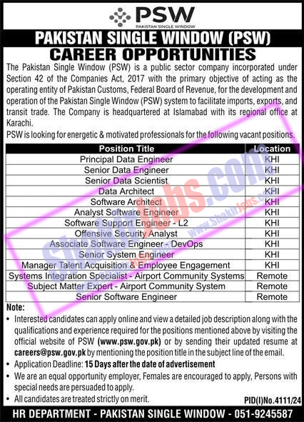 Pakistan Single Window PSW Jobs 2025