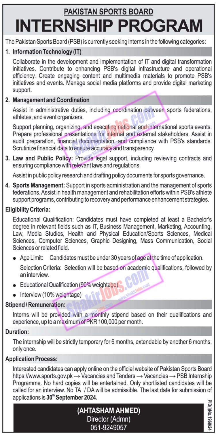 Pakistan Sports Board PSB Internship Program 2024