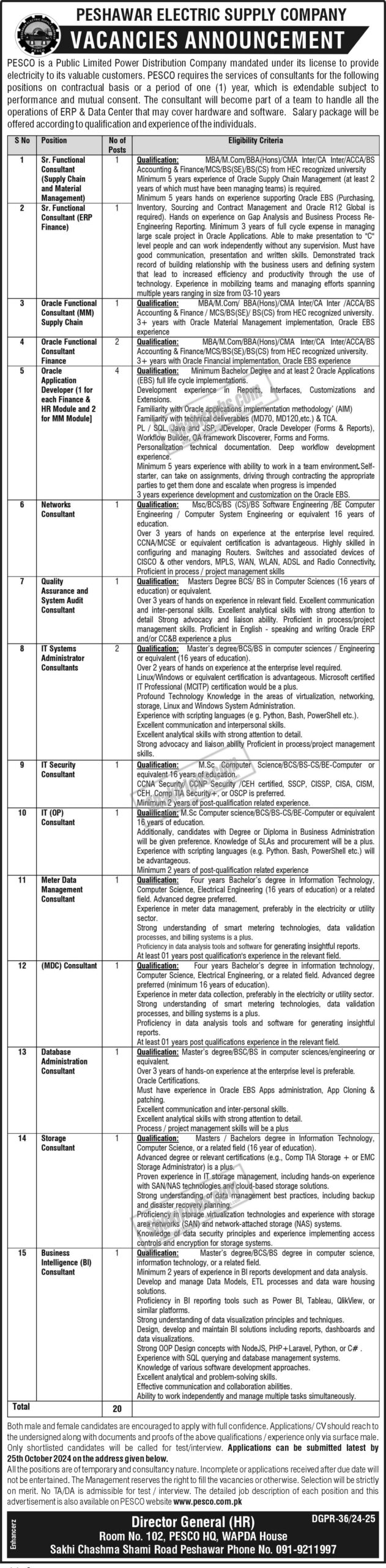 Peshawar Electric Supply Company PESCO Jobs 2024 Ad 1