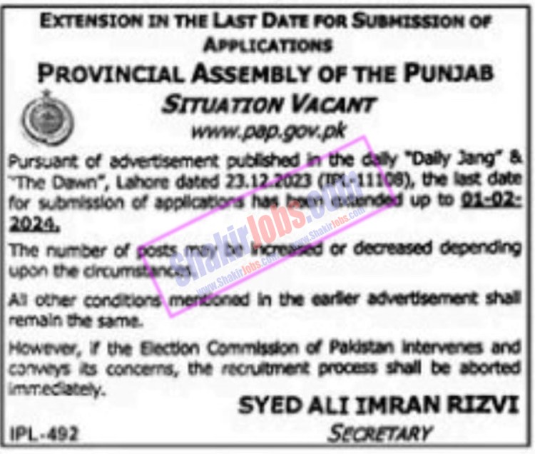 Provincial Assembly Jobs 2024 Extension in Last Date