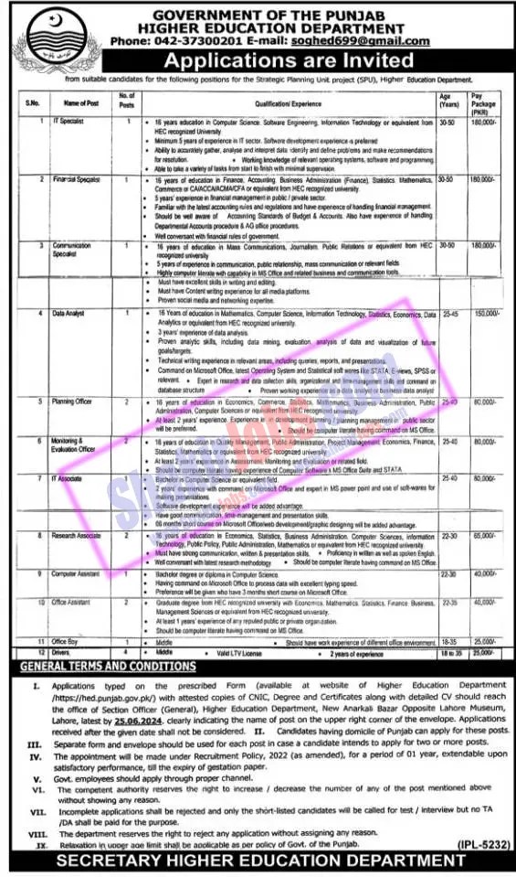 Punjab Higher Education Department HED Jobs 2024