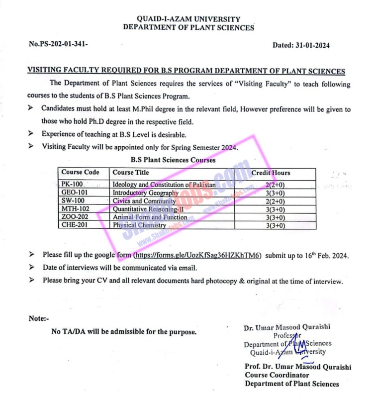 Quaid E Azam University QAU Jobs 2024