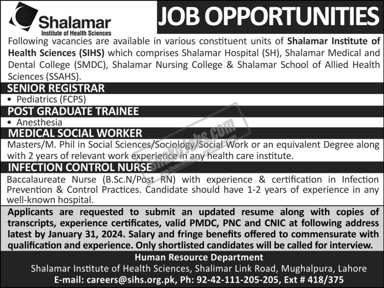 Shalamar Institute Of Health Sciences SIHS Jobs 2024