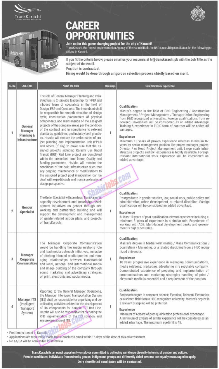 Trans Karachi Jobs 2024 (Red Line BRT)