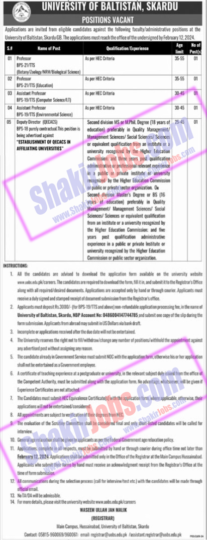 UOBS Jobs 2024 University Of Baltistan Skardu