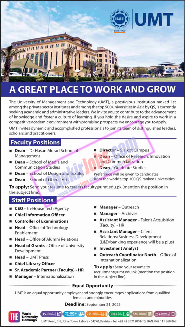 University of Management and Technology Lahore UMT Jobs 2025