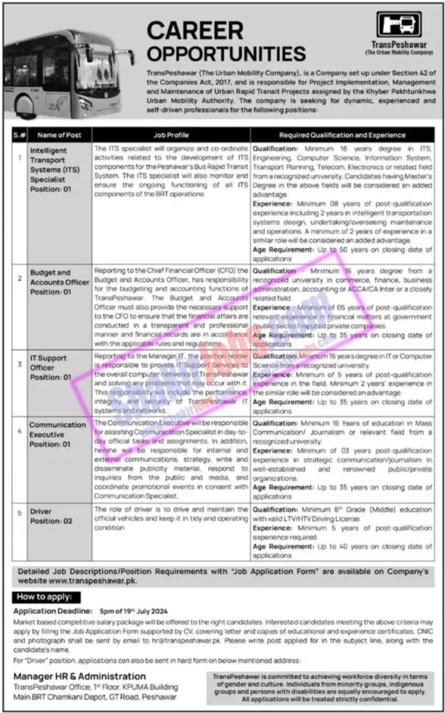 Urban Mobility Company TransPeshawar Jobs 2024