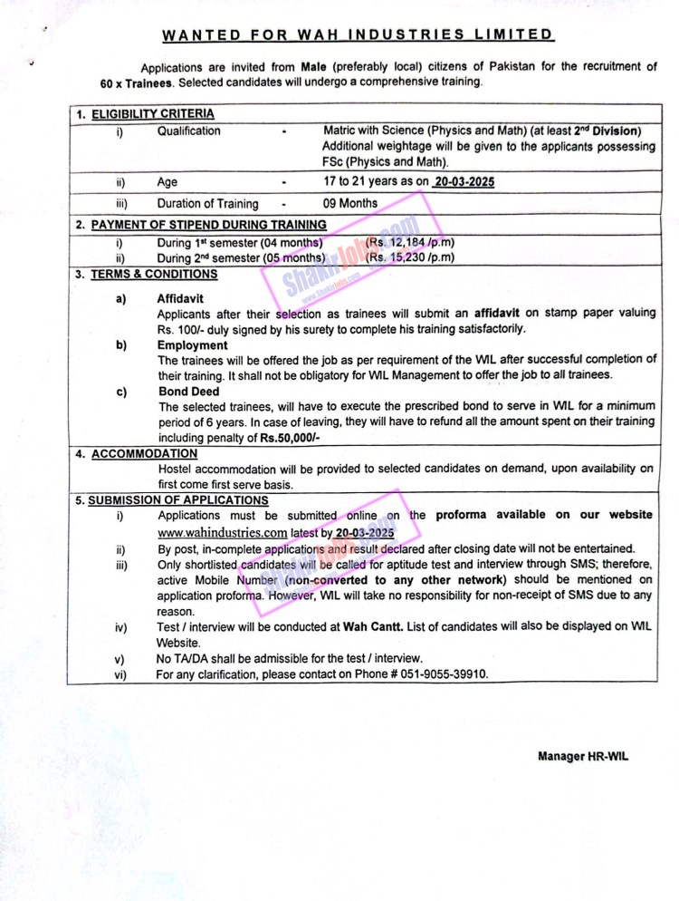 Wah Industries Limited WIL Jobs 2025