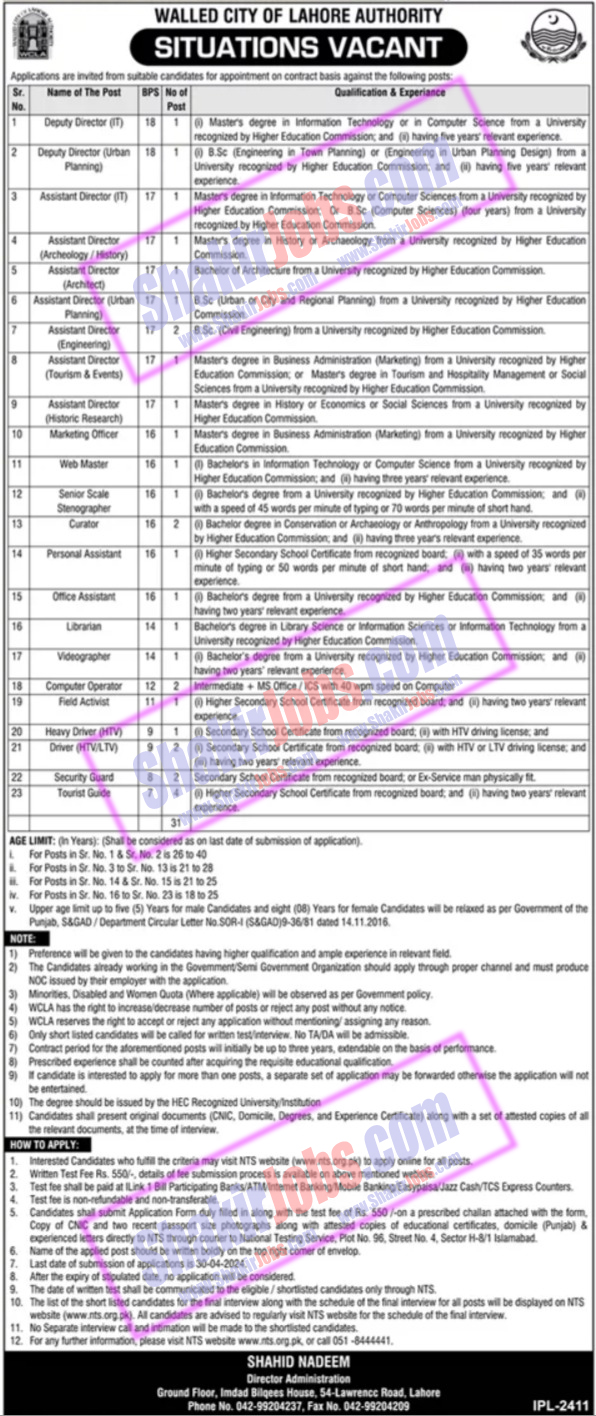 Walled City of Lahore Authority WCLA Jobs 2024
